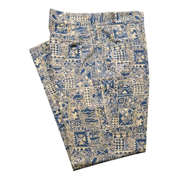 Mens Gurkha Pants 38 Blue Beige Block Print Chino Trousers Flat Front Straight